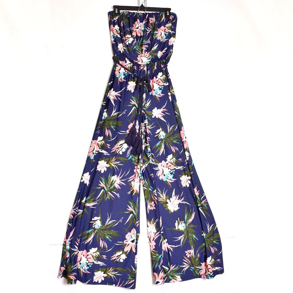 Sandiva Women's Jumpsuit Blue Pink Floral Stretch Strapless Tie Waist Size Small